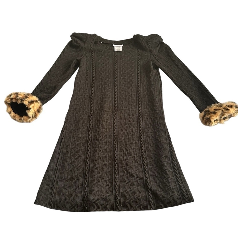 Bonnie Jean Dress Black Cable Knit Leopard Faux Fur Accents Long Sleeve Size 16